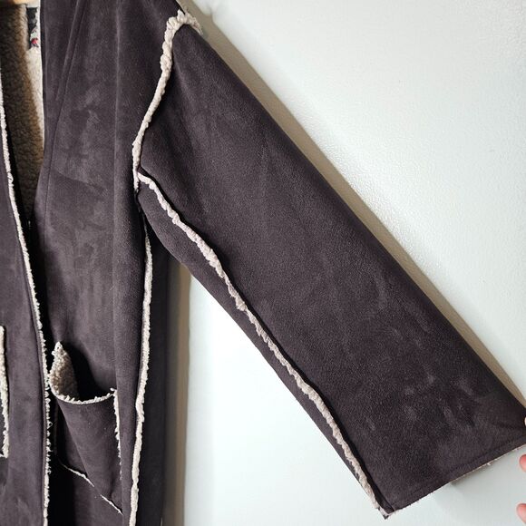 Pete & Greta JOHNNY WAS Coat M Sherpa Lined Brown Snap Closure Embroidered Long - Picture 4 of 11